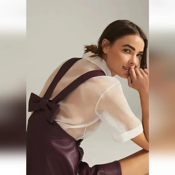 Anthropologie Maeve Faux Leather Pinafore Dress Plum Side Buttons Back Bow Sz XS - Picture 16 of 16